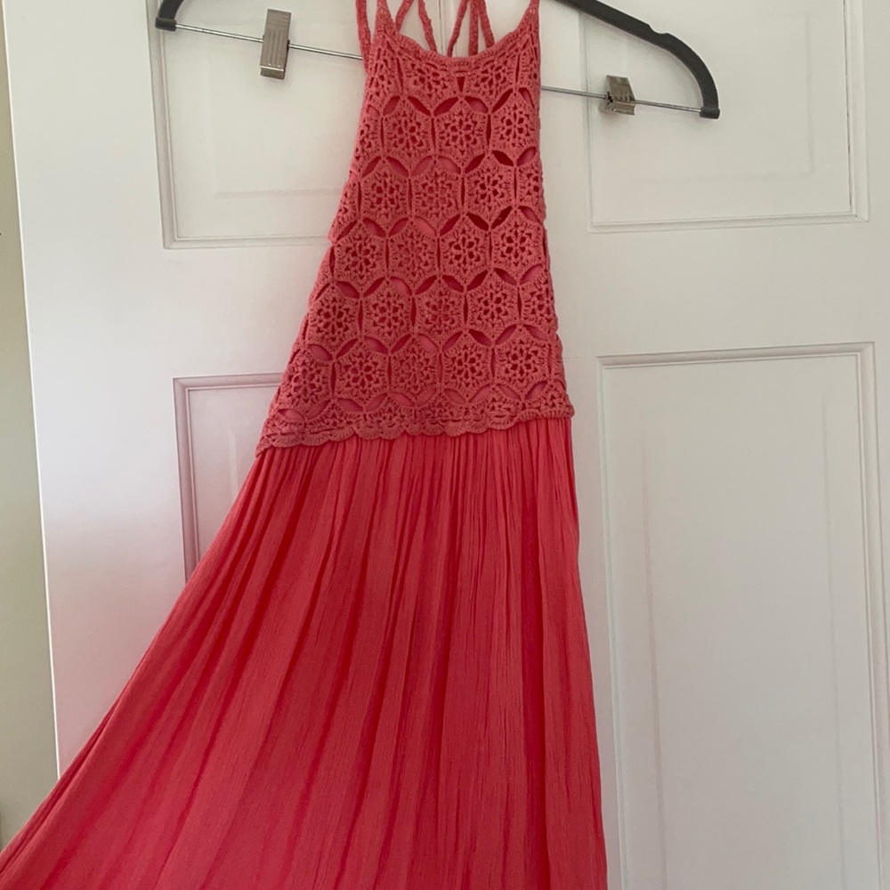 Coral Lace Halter Open Back Sundress